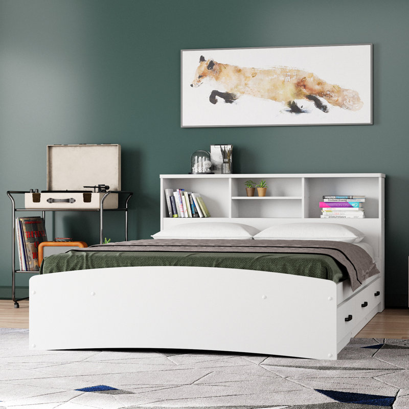 Jovany Captain Bed with 3 Reversible Drawers on Left or Right side (New and Improved Design), White, Full