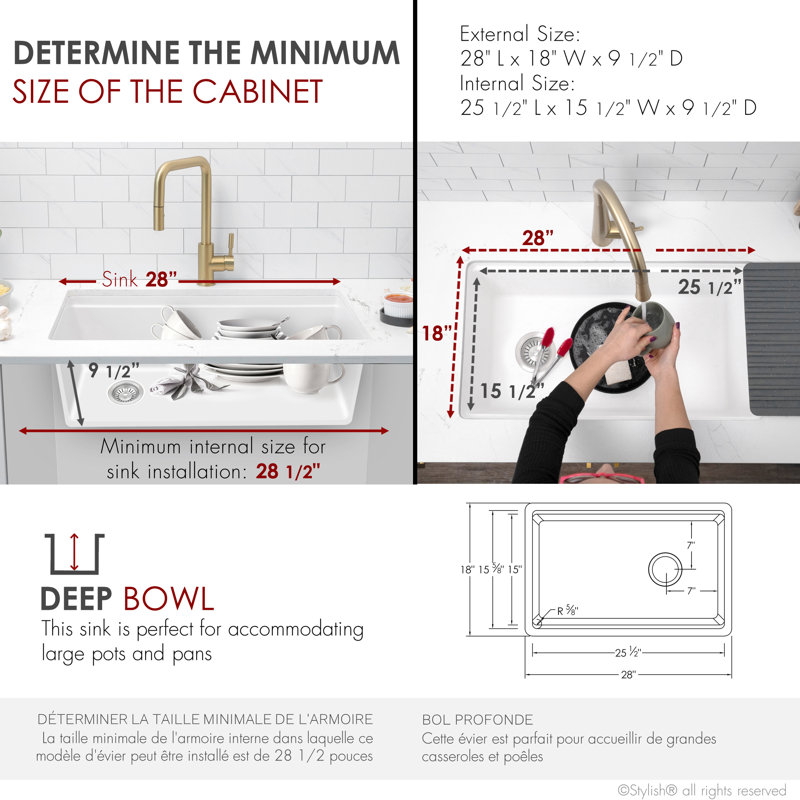STYLISH Kinbrook Dual Mount 28" Workstation Single-Bowl Composite Granite Kitchen Sink, White