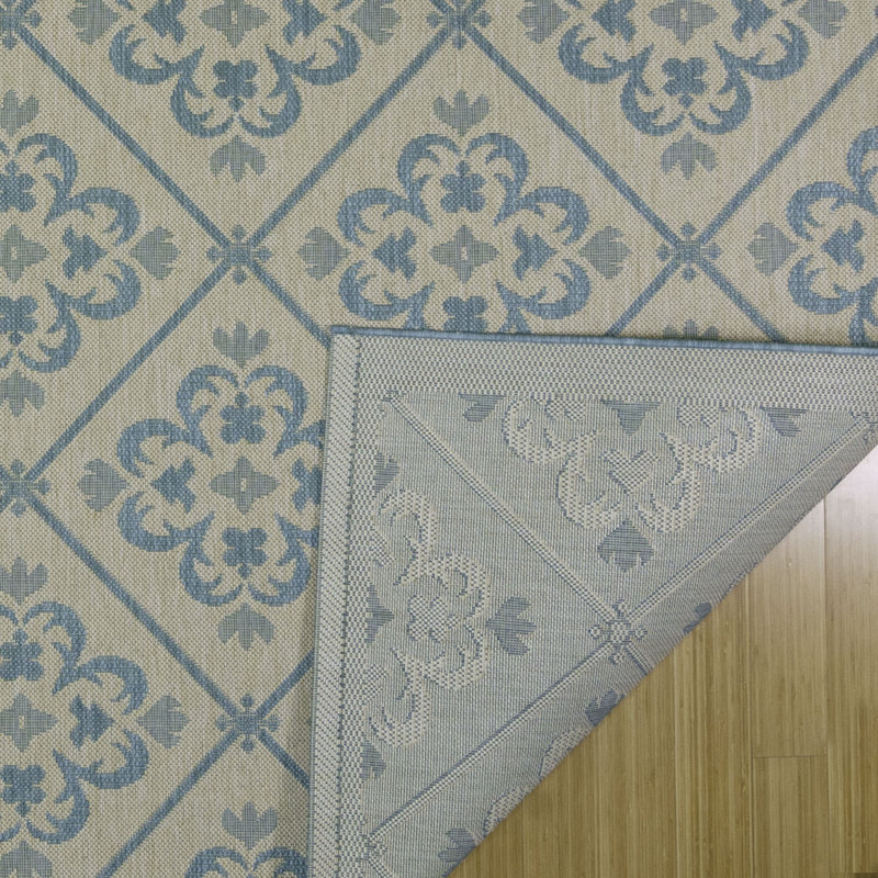 Solterra Medina Oasis Aqua Blue Cream Beige Casual Floral Tile Flatweave Polypropylene Indoor/ Outdoor Area Rug