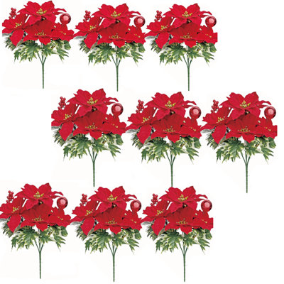 9 Bundles Artificial Poinsettia Bouquet 7 Heads 14inch Poinsettia Bush Christmas Flowers for Porch Home Garden Indoor Outdoor Xmas Decorations