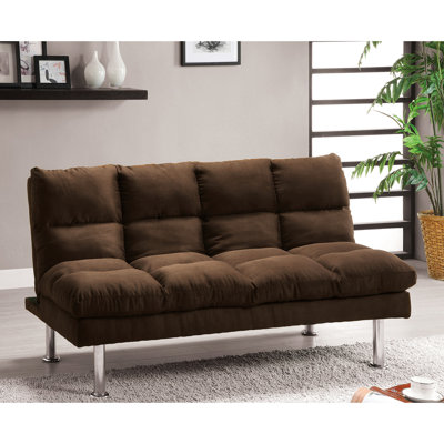 Lit futon contemporain à pieds brun foncé, microfibre et support supplémentaire pour la conversion du lit, transition à 2 pieds, sièges