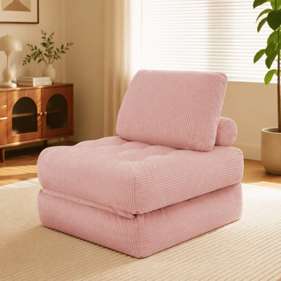 Pouf pliable une place en velours côtelé rose de 160 cm, canapé moelleux et confortable pour salon, chambre et dortoir.