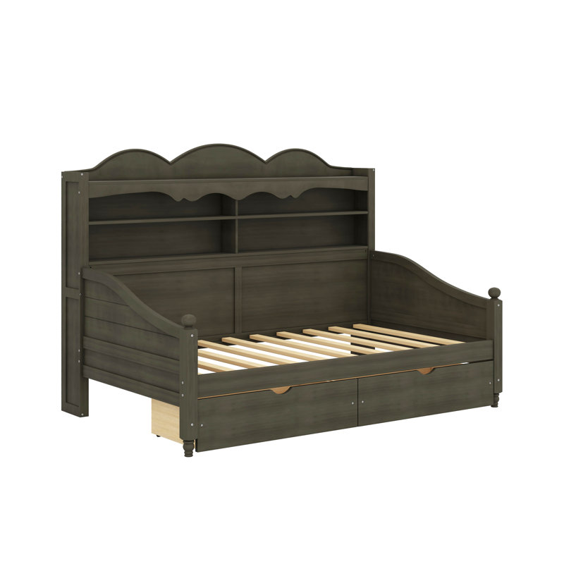 Lit de jour avec tiroirs de rangement et tablettes de tête de lit, lit de jour en bois de style rétro, Antique Grey