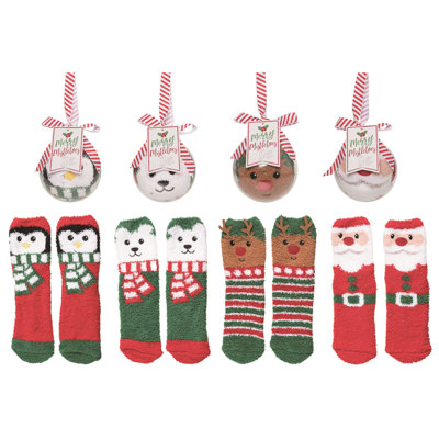  Ensemble de 4 paires de chaussettes de Noël en polyester multicolores et ornementales en polyester 3,94 po