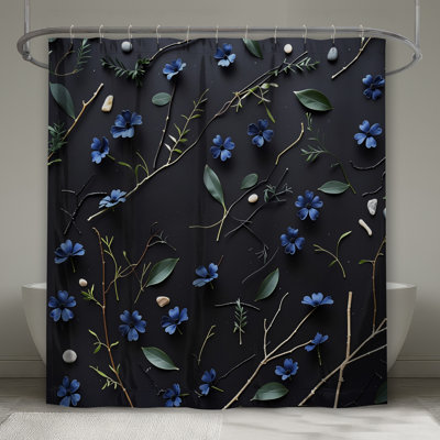 Rideau de douche fleurs bleues - décor de salle de bain floral minimaliste