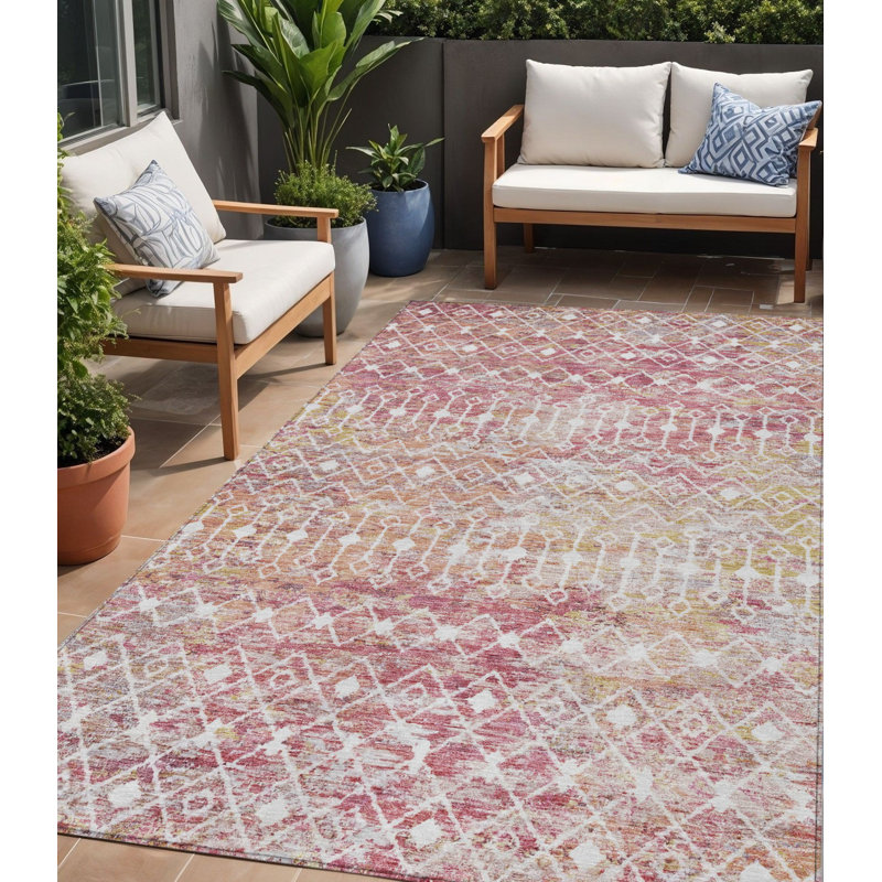 Tapis d'intérieur lavable à motif argyle rose et ivoire 5 pi x 8 pi