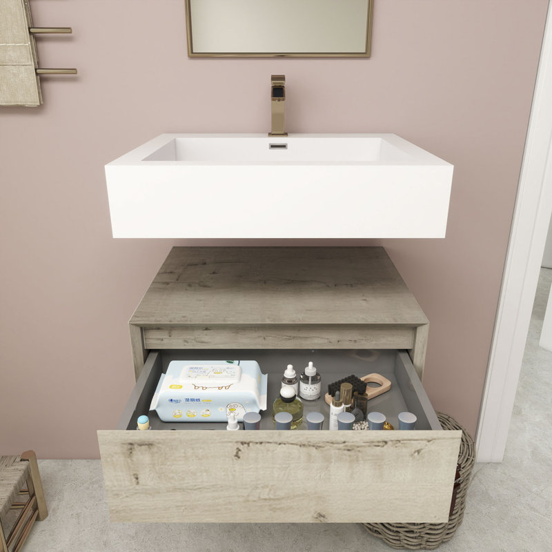 Alysa 24" Wall-Mounted Single Bathroom Vanity Set, White Oak