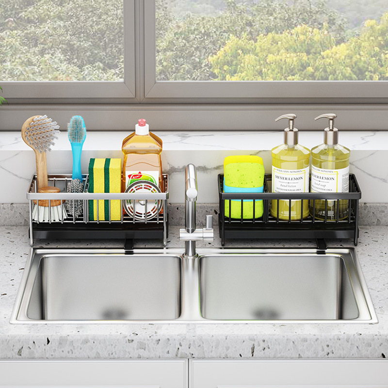 Porte-éponge pour évier de cuisine, support d'évier avec plateau de drain, organisateur d'évier de cuisine en acier inoxydable 304 antirouille, distributeur de savon et accessoires de rangement