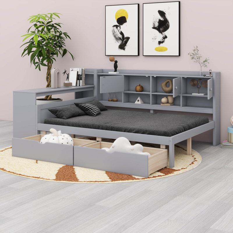 Lit de jour avec 7 armoires de rangement et 2 tiroirs de rangement, structure en L en bois avec bureau d'étude et bibliothèque intégrée