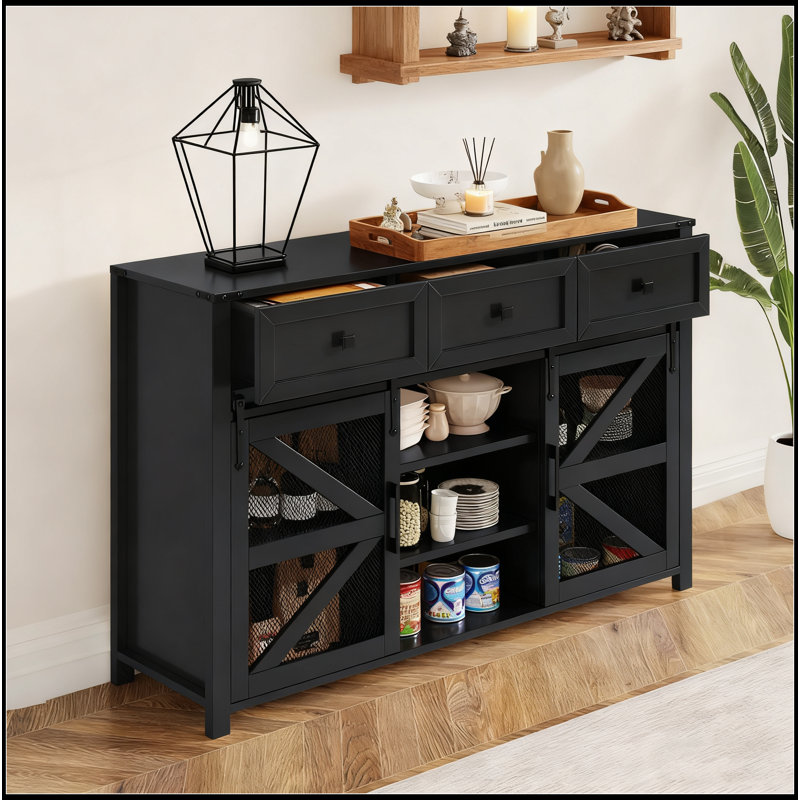 Sliding Barn Door Sideboard With 3 Drawers, Particle Board & Metal Mesh Storage Cabinet With Aluminum Handles & Metal Accents For Living Room, Dining Room