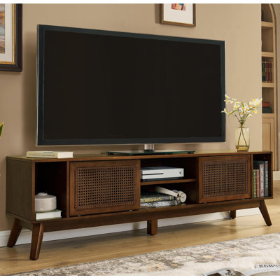 67.9 Inch Mid Century Modern Rattan TV Stand For Tvs Up To 75", Entertainment Cabinet, Media Console For Living Room Media Room, Solid Wood Feet & Rattan Cabinet Doors - Walnut