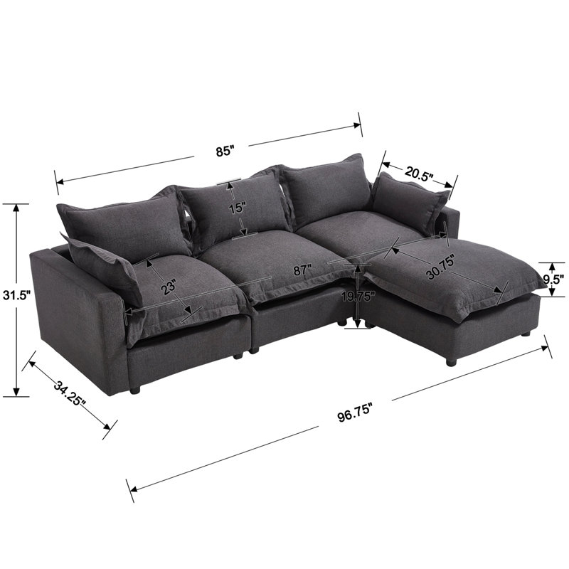 Canapé rembourré avec table basse et repose-pieds, Gris foncé