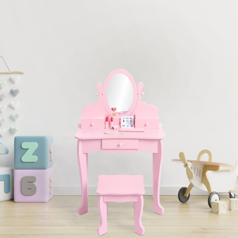 Kids Vanity Set with Mirror & Stool, Wooden Princess Makeup Dressing Table with Drawers, Pretend Play Beauty Set, Pink