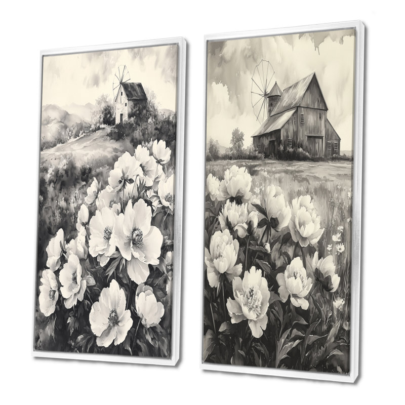 Pivoines monochromes à la ferme I - Collection d'art mural floral 2 panneaux, H 28 po x l 25 po, Cadre flottant blanc
