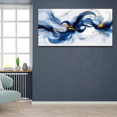 Blue Paint Stroke Line Art Conceptual Abstracts - Line Art Wall, 20"X40"