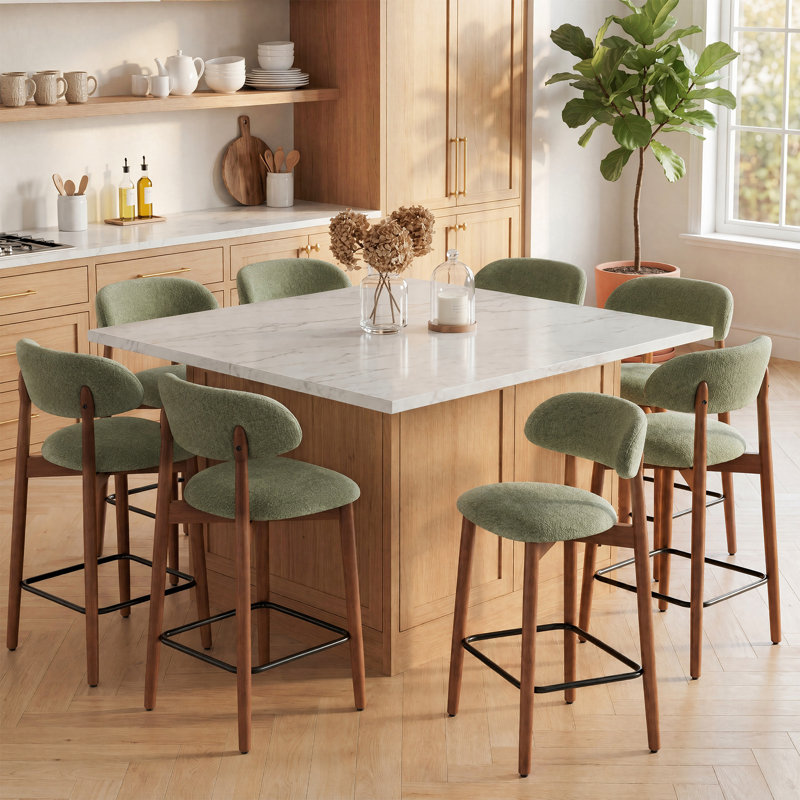 Chaise rembourrée en bois massif avec tabouret, Vert, 6