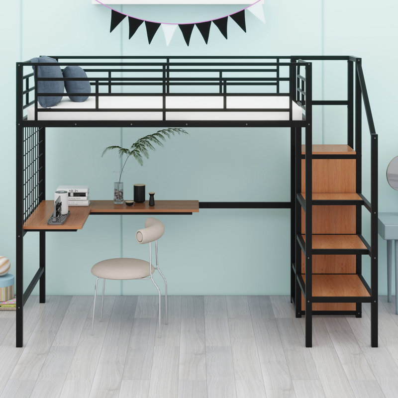 Lit mezzanine en métal avec bureau et grille en métal, avec garde-robe