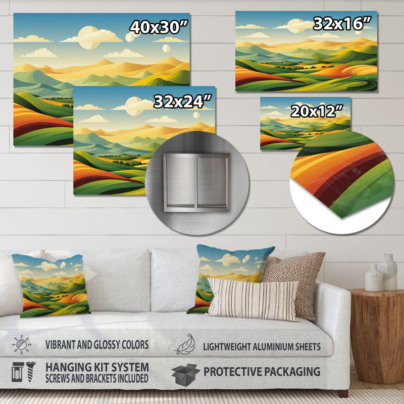 Vert et jaune, paysage charmant, Horizons - Paysage, art mural en métal, H 12 po x l 20 po x P 1 po