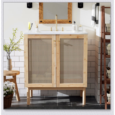 30-inch bathroom vanity crafted from natural materials, featuring handmade rattan doors and soft-closing mechanisms