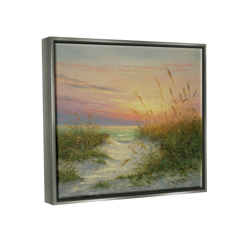 Sunset Beach Path Reeds - Peinture sur toile à cadre flottant, H 17 po x l 21 po x P 1,7 po, Cadre flottant gris lustré