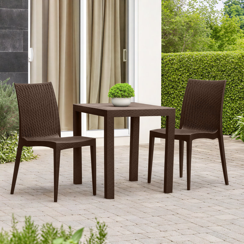 2-Piece Outdoor Dining Set with Square Dining Table with Weave Design and 2 Accent Side Chair, Brown