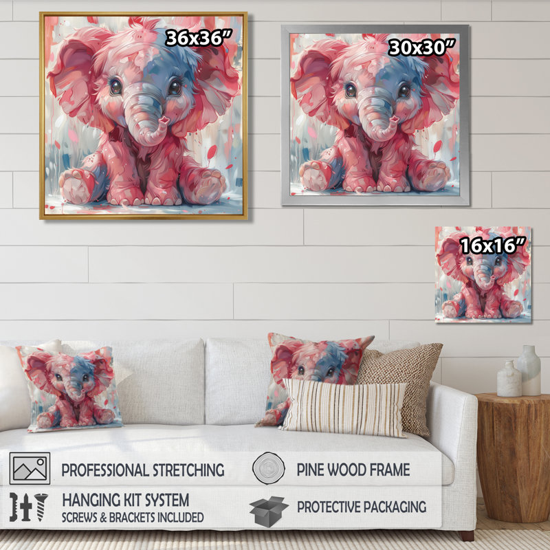 Rose bleu bébé éléphant - éléphant, reproduction d'art murale, Cadre flottant brun, H 36 po x l 36 po