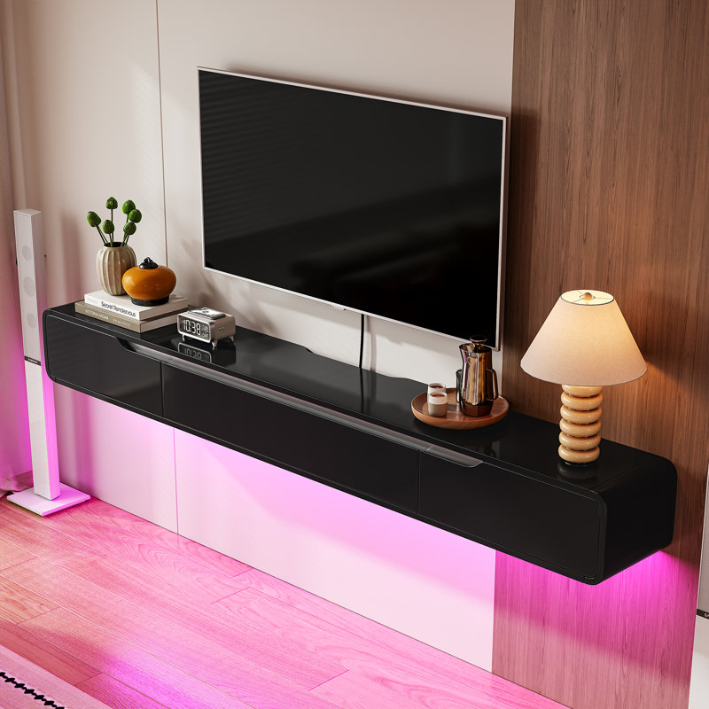 Meuble télé 94 po flottant noir ultrabrillant entièrement assemblé, 8.8"H x 91"L x 9.4"W, Noir