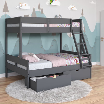 Low Board Panel Twin Over Full Dark Grey Bunkbed With Dual Underbed Drawers
