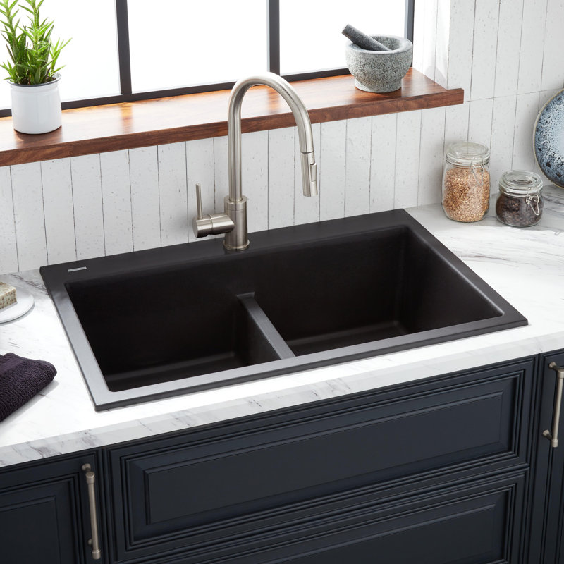 Algren 33" L Double Basin Drop-In Kitchen Sink, Midnight Black