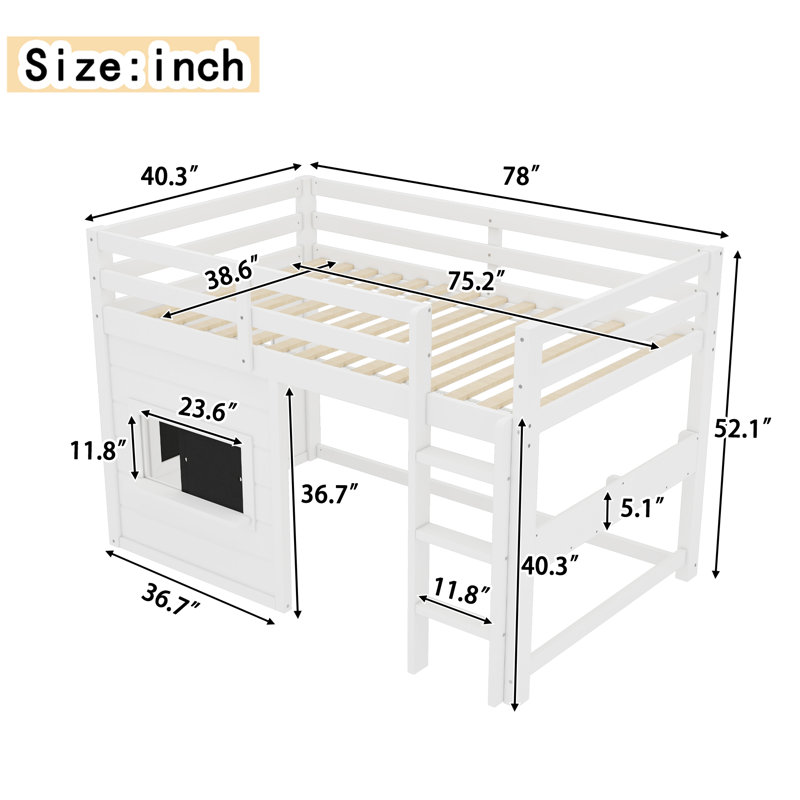 Lit mezzanine pour enfants avec tableau coulissant, Simple, Blanc