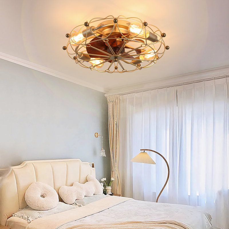 Low Profile Caged Ceiling Fan with Lights Remote Control, Embedded modern industrial ceiling fan, Gold