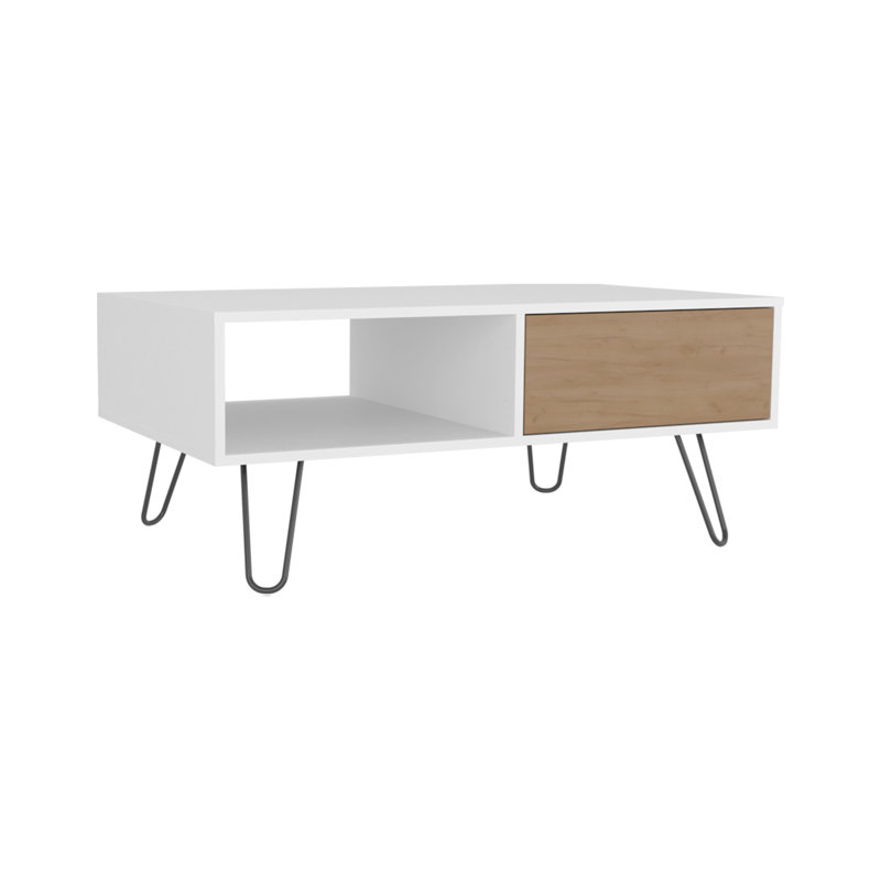 White - Natural Oak Rectangular Coffee Table With Ample Storage, Drawer And Shelf Display