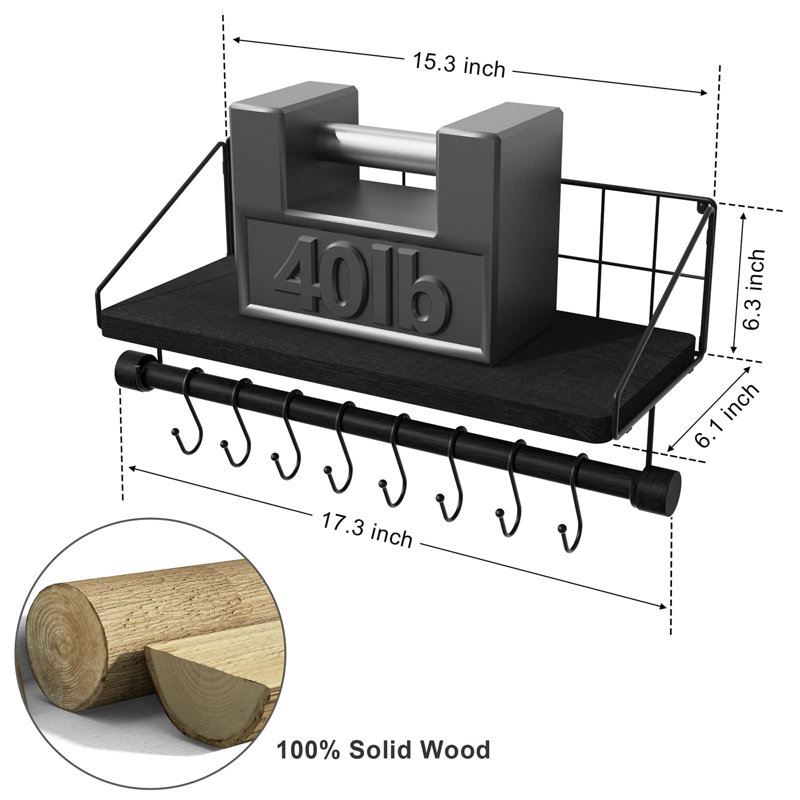 Floating Shelves Wall Shelves For Bedroom, Kitchen Rustic Wood Shelf With Hooks, Black