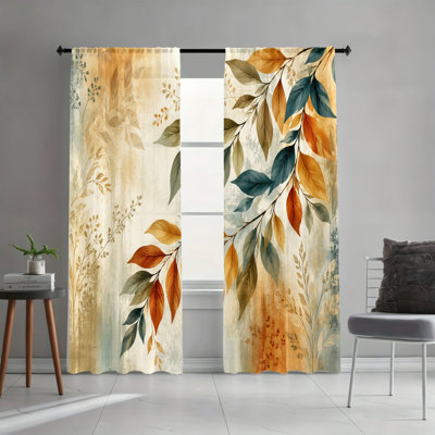 2Pcs Autumn Leaf Branch Pattern Light Filtering Curtains, Artistic Brushstroke Fall‑Leaf Printed Window Drapes, Rod‑pocket Style, Suitable for Living Room, Bedroom, Dining Room, Study Room, Aesthetic Home Decoration