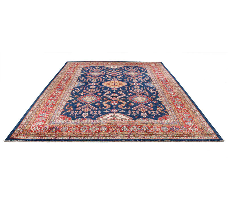 Tapis tribal Kazak 9 x 12 bleu marine et rouge