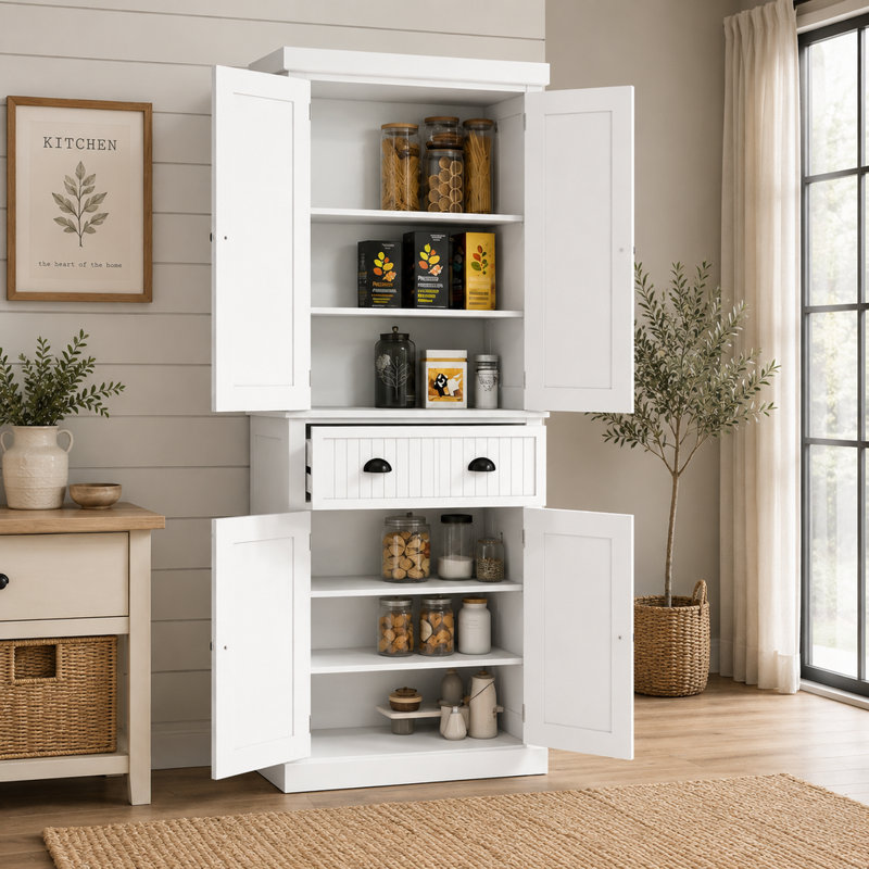 Armoire de rangement blanche autoportante avec étagères réglables pour cuisine ou salle de bain