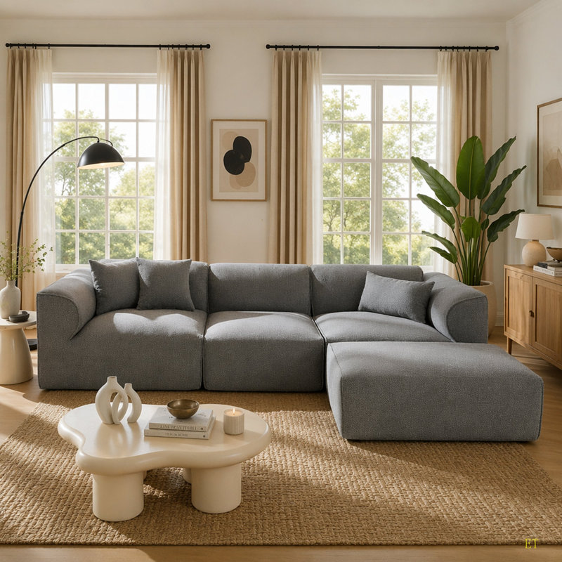Canapé 4 places avec coussins de siège en éponge pure et repose-pieds détachable, comprenant 3 coussins décoratifs. Idéal pour les salons, les appartements et plus encore.