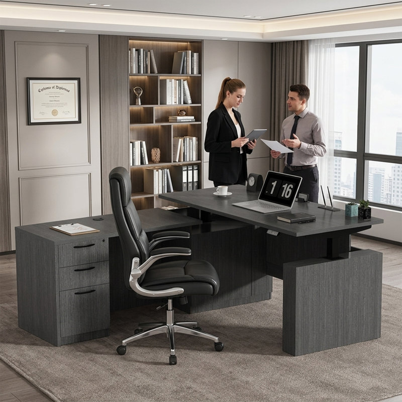 Parven Adjustable Height L-Shaped Executive Desk, Gray