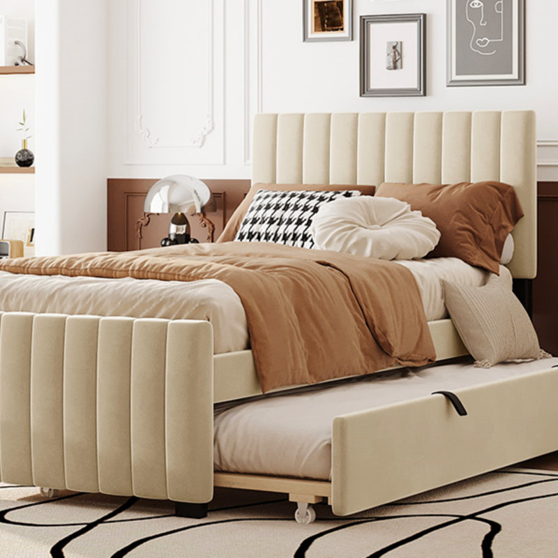 Velvet Upholstered Platform Bed with Trundle, Beige, Twin