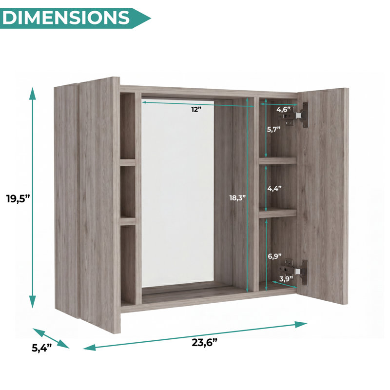 Armoire à pharmacie murale Azile avec miroir et 2 tablettes de rangement latérales pour salle de bain Azile, Gris clair
