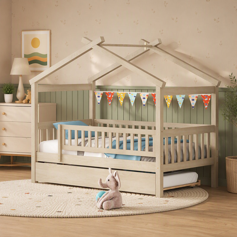 Enchanting Bed House en bois avec lit gigogne simple, un espace de rêve pour dormir, Natural