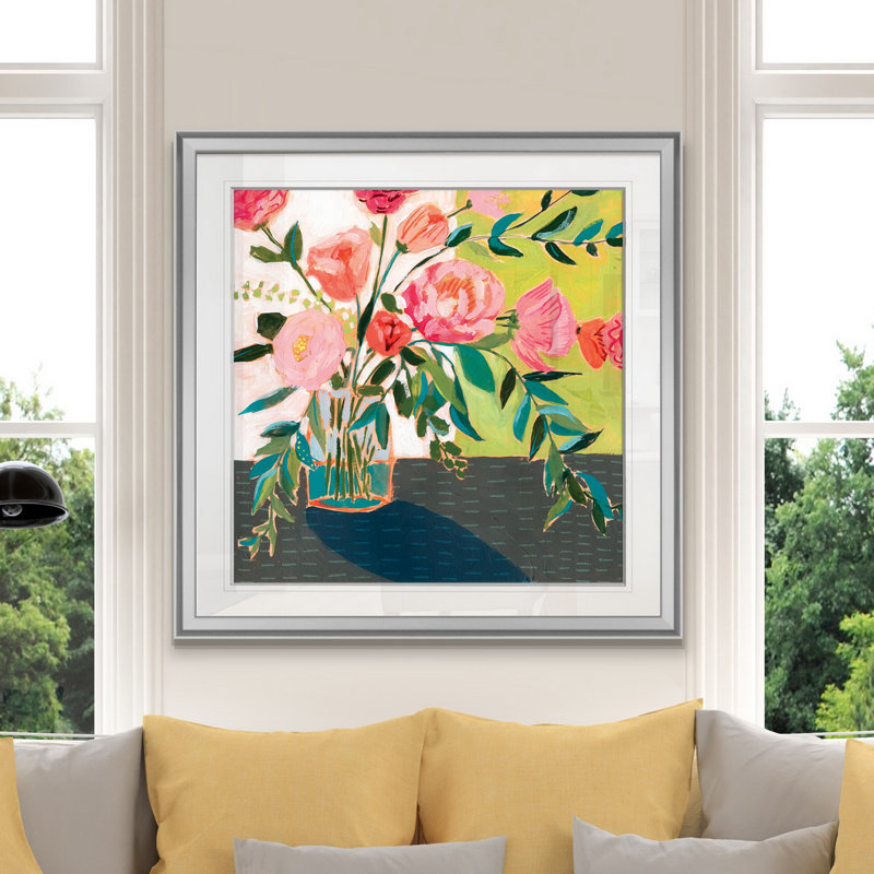 «Quirky Bouquet I», peinture, H 28 po x l 28 po x P 1,5 po, Encadrement argenté