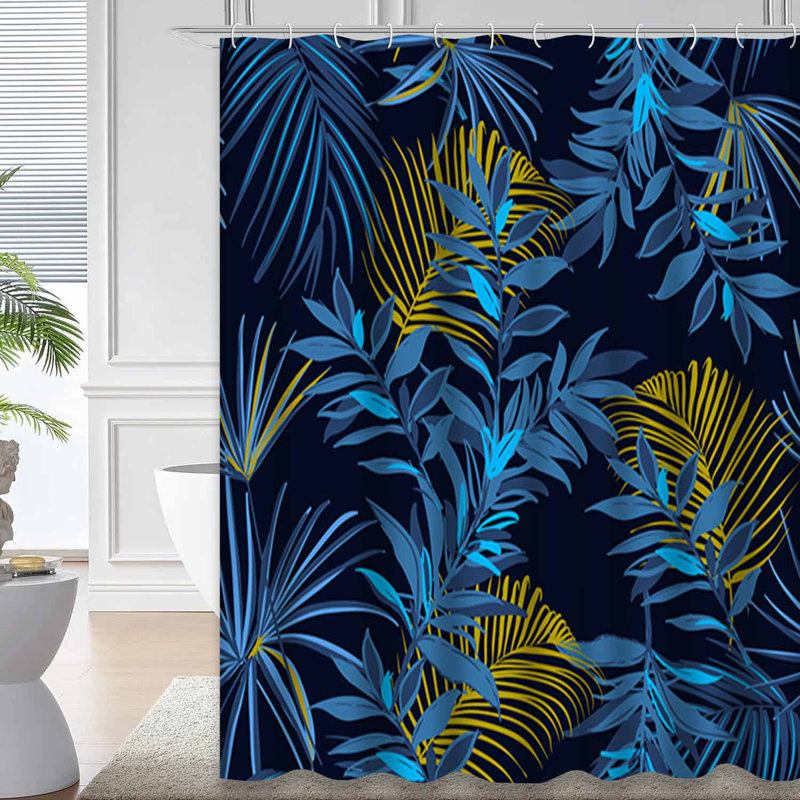 Rideau de douche bleu nuit à feuilles tropicales avec 12 crochets, L 72 po x l 78 po