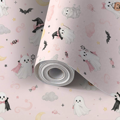 Papier peint auto-adhésif adhésif et amovible, mignon, fantômes d'Halloween roses, 17,7 po x 118 po (45 x 300 cm)
