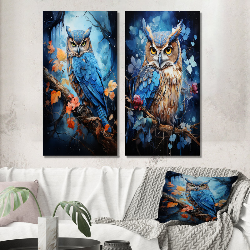 Blue Owls Moonlight Realm - ensemble de 2 reproductions d'art mural hibou, H 28 po x l 25 po, Toile tendue