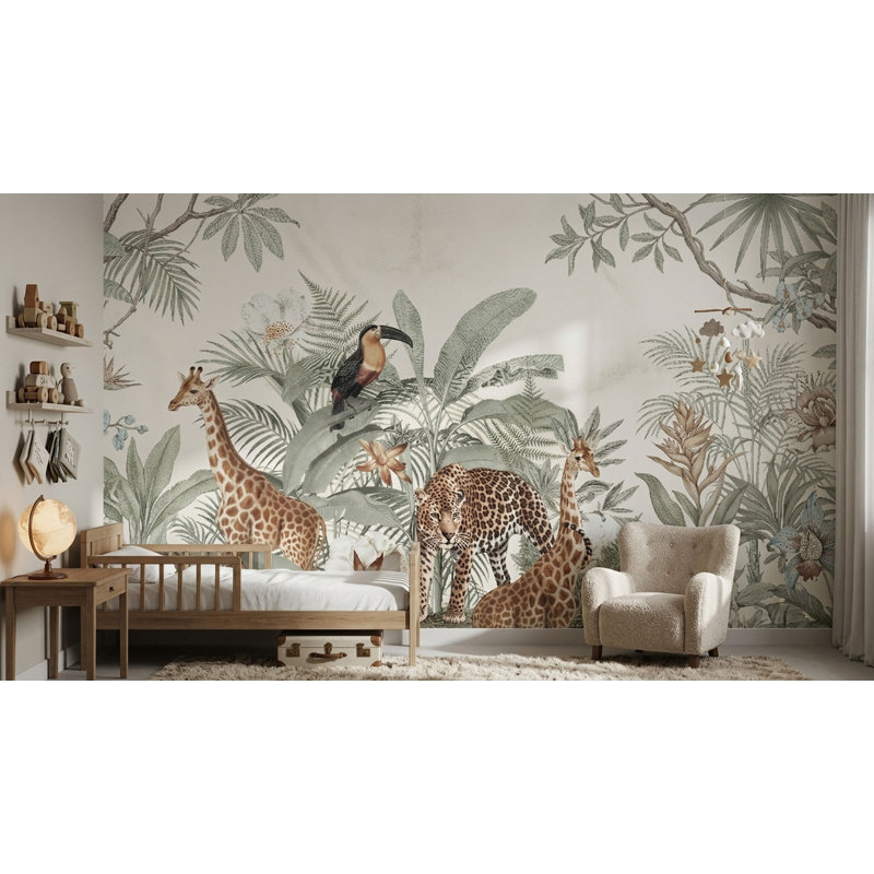 Papier peint tropical crème, léopard et toucan Girafe, 90" L x 140" W, Peel & Stick