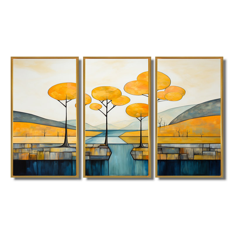Arbres jaunes au bord de la rivière Blue Mountain - ensemble d'art mural rivière, Cadre flottant doré