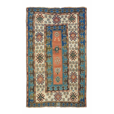 Tapis bleu / beige en laine noué à la main de conception unique 4 pi x 6 pi 8 po