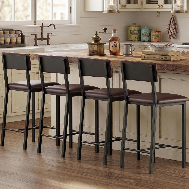 Ensemble de 4 tabourets de bar, chaises de comptoir rembourrées avec dossier et repose-pieds, brun