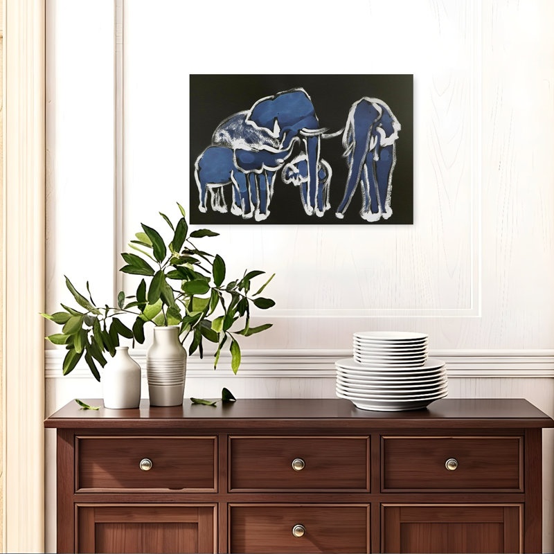 «Blue Elephant Family Abstract Minimalist Modern Elephant Nature Wildlife», reproduction d'art murale, 16" H x 24" W